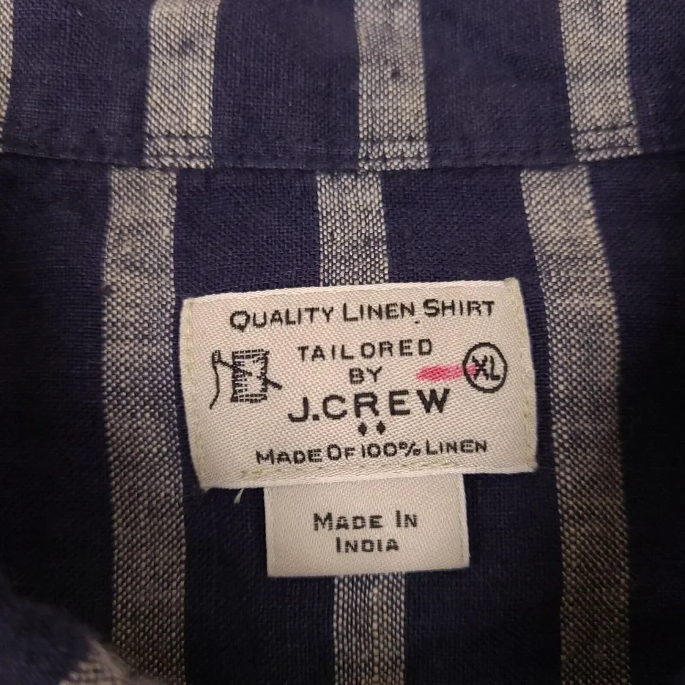 J. Crew Shirt Mens XL Blue Striped 100% Linen Short‎ Sleeve Button Down